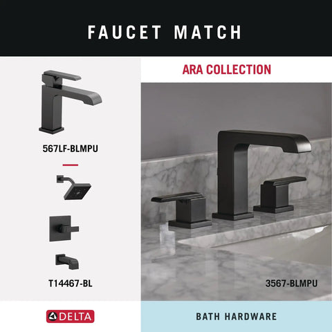 Delta Ara Collection black faucet set on marble counter with single spout and lever handles, model 567LF-BLMPU and 3567-BLMPU.