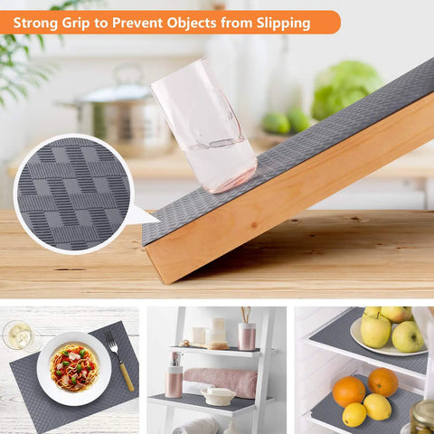 Gray Non Adhesive Shelf Liners For Kitchen Cabinets And Drawers Easy To Cut Bpa Free Eva Material Anti Slip Fridge And Countertop Protector No Messy Drama That Keeps Your Space Crisp showing strong grip preventing slipping on a wood surface.