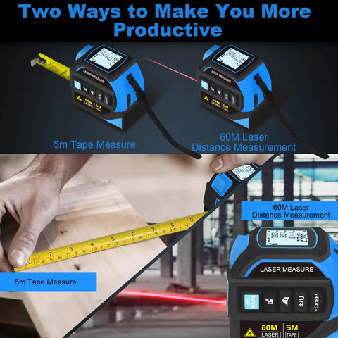 4 In 1 Laser Measure Tool With 60m Range Laser Distance Meter And 16Ft Self Locking Tape Cross Line Dual Axis Angle Finder Rechargeable Pro Grade Build Kit For Pros showing 60m laser and 5m tape
