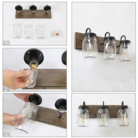 Farmhouse Mason Jar Bathroom Vanity Lights With Faux Wood Backplate In Warm Brown Finish Cozy Rustic Jar Shade Sconce For Modern Powder Room Easy Install And Durable Construction For Everyday Living viewing assembly and installation pieces.