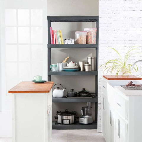 Hustle Proof Five Shelf Heavy Duty Plastic Storage Rack With Ventilated Perforated Shelves Holding Up To One Hundred Fifty Lbs Per Level For Garage Basement Project Organization, displaying kitchen items.