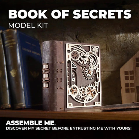 Book Of Secrets Steampunk 3D Puzzle Kit For Adults With Hidden Gears Wooden Mechanical Model, closed book design on shelf