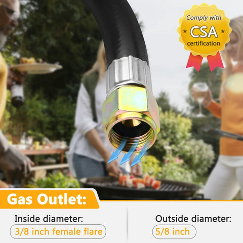 Close-up of two-stage propane regulator with hose and gauge, showing CSA certification badge in outdoor setting
