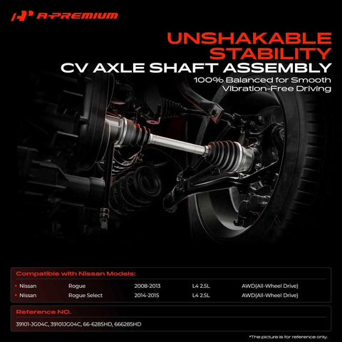 Front Left CV Axle Shaft Assembly For Nissan Rogue AWD 2008 Through 2015 showing heavy duty design and components for smooth driving.