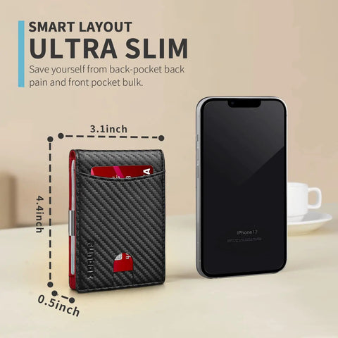 Slim Money Clip Wallet For Men RFID Blocking 11 Card Pockets Minimalist Leather Bifold Front Pocket With ID Window next to phone