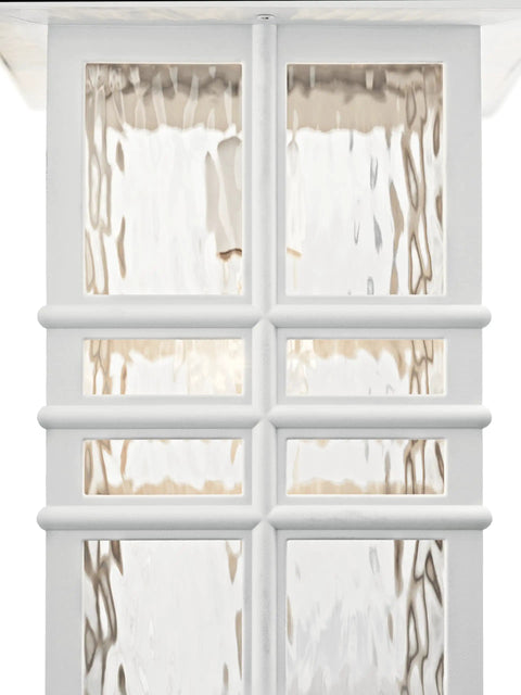 Close-up of white Craftsman Style Outdoor Wall Light in 12 inch tall sconce with clear hammered glass panes for porch or entry.