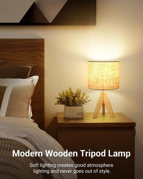 Boho Wood Tripod Table Lamp With Linen Fabric Shade For Nightstand Or Bedside Use Cozy Warm Glow For Living Room Bedroom Nursery Or Kids Room Fourteen Point Two Inch Tall With Simple On Off Switch