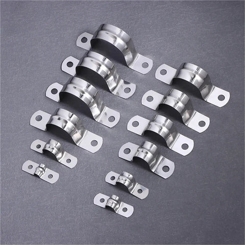 Heavy Duty 60 Piece Stainless Steel U Shaped Pipe Clamps in various sizes for secure round piping in daily job site work.