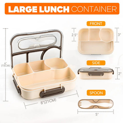 Workhorse Four Compartment Bento Box for Adults, 1000ml Capacity, Drop Proof Lunch Container, overview with dimensions in Khaki