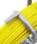 Close-up of 4.5mm 350ft Fiberglass Duct Rodder Fish Tape With Steel Reel Stand For Easy Cable Runs, yellow duct rod and steel handle in view.