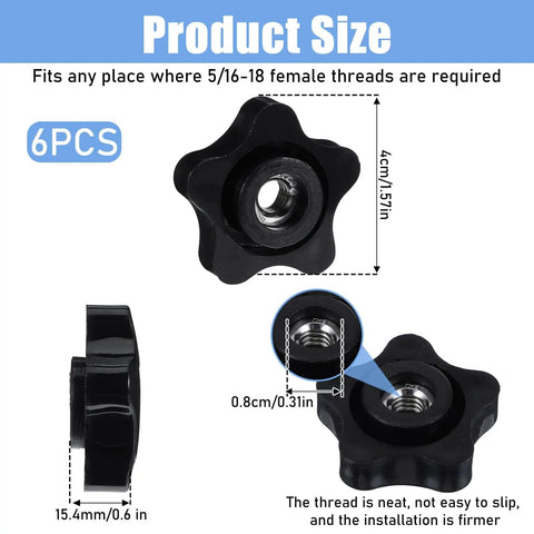 Six Pack Five Sixteenths Inch Star Knobs With Female Threads Black Five Star Shaped Threaded Knobs Five Sixteenths Eighteen Thread For T Track Bolts Jigs And Machines Plastic Screw On Type, showing dimensions and thread details.