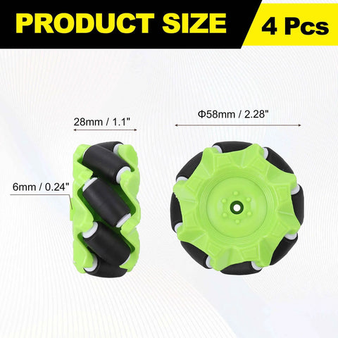 Green Mecanum wheels for robotics, 58mm diameter, 28mm width, and 6mm hex design offering omnidirectional movement in DIY projects and robotic cars.