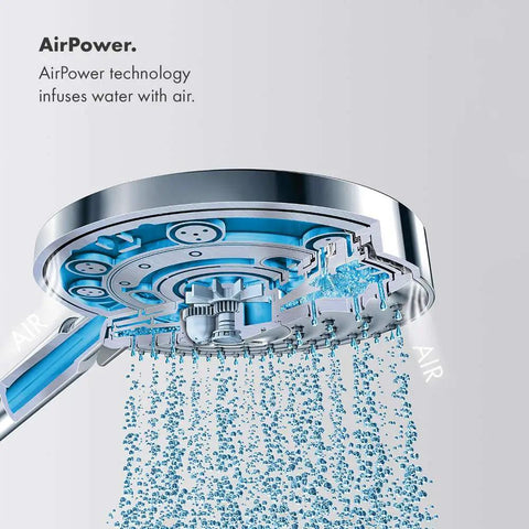 Close-up of Croma 3 Jet Handheld Shower Head With 2.5 GPM Flow, showcasing AirPower technology and water infusion.