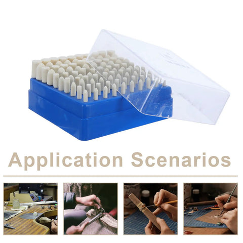 Top 100 Pc Wool Felt Mounted Mandrel Set For Polishing Buffing Wheel Bits in a blue storage box with clear lid.