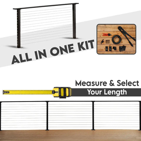 Slick Steel Cable Railing Kit For Stair Handrails With Pre Drilled Base Mounts Includes All Solid Hardware For Hassle Free Diy Installation White 18 Foot 42 Inch System showing installation components and measuring tools.