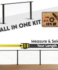 Easy As Pie Cable Railing Kit For Decks Featuring Marine Grade Stainless Steel Cables Plus Pre Drilled Posts And All Necessary Hardware Included For Quick Face Mount Setup In Clean White To Save You Money with measuring tape and installation tools.