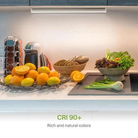 No-Fuss 12 Inch LED Under Cabinet Lighting illuminating kitchen counter with fruits and vegetables, Plug-In or Hardwired.