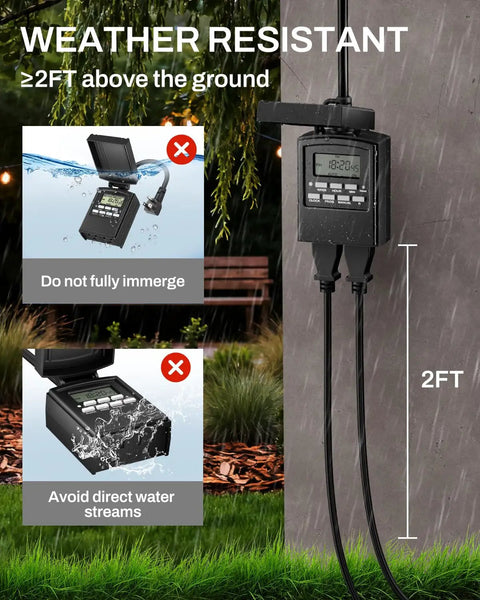 Outdoor Heavy Duty Digital Programmable Timer With Two Grounded Outlets, weatherproof, mounted 2ft above ground