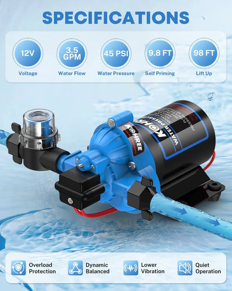 12V DC RV Water Pump 3.5 GPM At 45 PSI Self Priming Diaphragm With Pressure Switch for Camper Marine display with specs