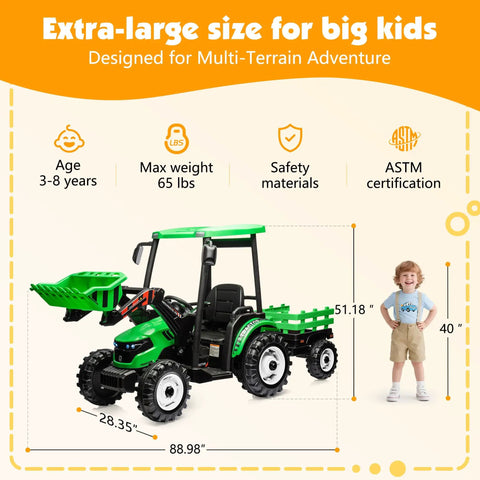 Killer 24V Kids Tractor Ride On With Easy Grip Remote Control And Detachable Trailer Heavy Duty Metal Frame Construction Toy dimensions with child.