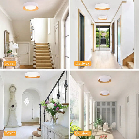 Dope 16.5 Inch Dimmable LED Flush Mount Ceiling Light Matte White With Gold Interior 3000K Warm White 30W in various rooms.