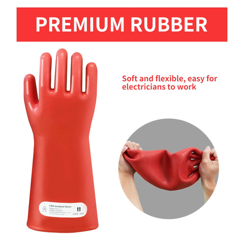 Heavy Duty Insulated Electrician Gloves Class 1 Astm Dielectric High Voltage Electrical Safety Gear waterproof red rubber, size 11.