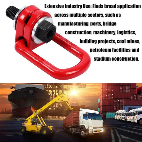Bombproof Forged Alloy Steel Swivel Hoist Ring With Smooth 360 Degree Rotation And Legit 4X Safety Factor shown on red metal background.