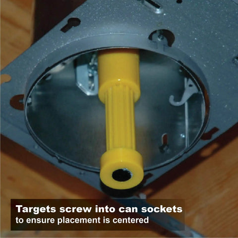 Stop Sweating Those Tricky Drywall Cutouts With This Heavy Duty Magnetic Recessed Light Layout Tool showing yellow targets in can sockets for precise alignment.