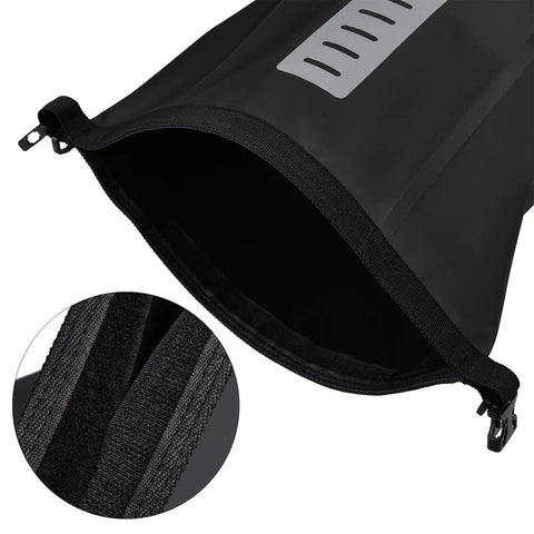 Close-up of 10L Roll Top Bike Saddle Bag opening showing waterproof PVC TPU material and reflective trim detail.