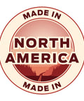 Seal showing 'Made in North America' with a scenic road and sunset background, symbolizing product origin.