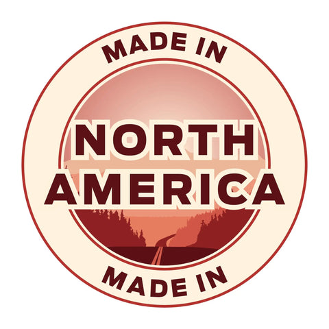 Seal showing 'Made in North America' with a scenic road and sunset background, symbolizing product origin.