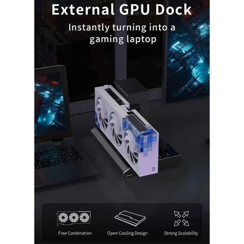 High Performance External GPU Dock For Thunderbolt 3 And 4 With USB4.0 40Gbps, PCIe 3.0x4 Enclosure, PD 60W Quick Charge, Rj45 Ethernet, M.2 Nvme Ssd Holder Plugs Right Into Laptops And Nucs With Hassle Free Setup And Next Level Gaming Speed on desk with cooling fans.
