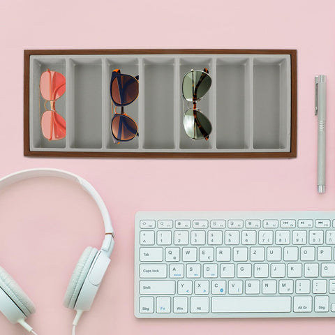 Slick Wooden Sunglasses Display Tray With Soft Gray Velvet Lining Seven Grid Eyewear Organizing Rack with shades on desk