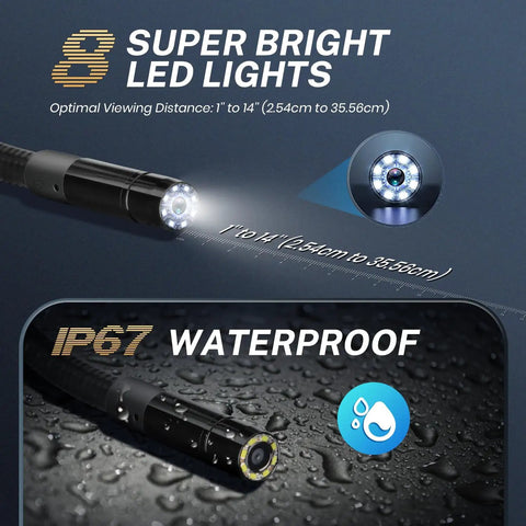 MV108S 1920P USB Endoscope Camera With 8.5mm Lens IP67 Waterproof Borescope 39.5 Inch Flexible Snake Cable, close-up LED tip