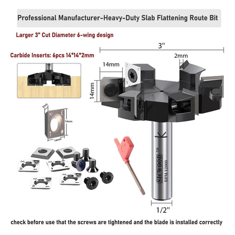Slab Flattening Router Bit With Half Inch Shank And Six Wing Design For Fast Wood Surfacing, 3 Inch Cutting Diameter, Carbide Inserts 14x14x2mm, CNC Spoilboard Surfacing Bit For Planing Flycut Slab Leveling And Rabbeting with illustrated dimensions and components.