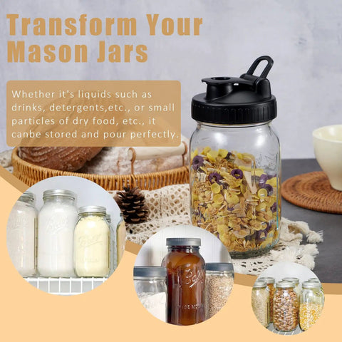 Total Game Changer Pour Spout Lids For Regular Mouth Mason Jars Heavy Duty Flip Caps leak proof lids on mason jar with dried flowers.