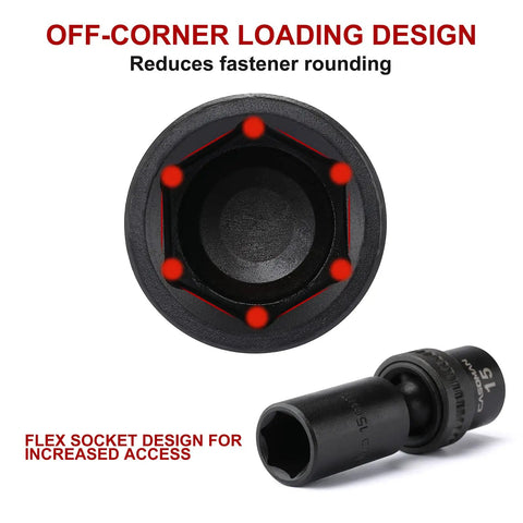 Close-up of Three Eighths Inch Drive Deep And Standard Universal Impact Socket Set showing 6-point design and flex socket head.