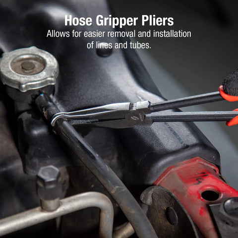 7 Piece Long Reach Pliers Set With Non Slip Comfort Grips And Red Handles in use for hose line removal in engine bay.