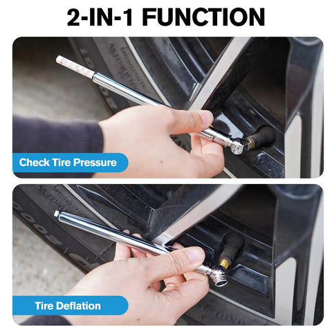 2 Pack Slim Pencil Tire Pressure Gauge Set With 10-75 PSI Range checking tire pressure and deflation on car wheel