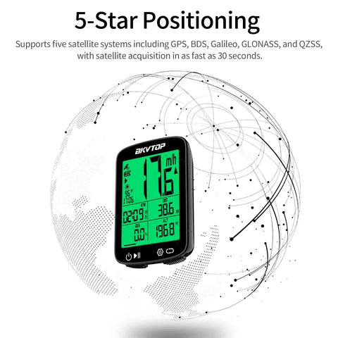 GPS Bike Computer With Wireless Data Sync And Green Auto Backlight 2.4 Inch LCD Screen Speedometer Odometer IPX7 Waterproof Auto Start Stop For Road And Mountain Biking MPH KMH displayed over globe graphic