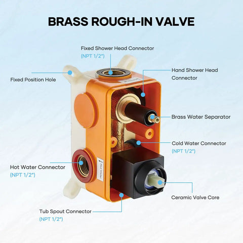 Brass Rough-In Valve for shower installation, featuring various water connectors for efficient plumbing.