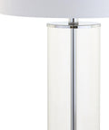 Clear Chrome Modern Glass Table Lamp For Living Room And Bedroom Slick Minimalist Nightstand Bedside Light With White Linen Drum Shade LED Bulb Included ETL Listed For Safe Clean Look