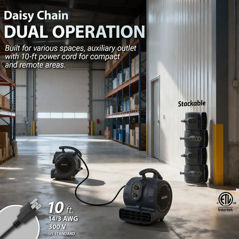 High Velocity 1100 CFM Industrial Air Mover Blower Fan For Rapid Water Damage Drying shown stacked and daisy-chained in a warehouse