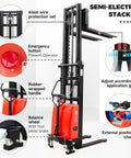 Heavy Duty 3300 Lbs Semi-Electric Pallet Stacker With 98 Inch Mast Lift Height Adjustable Forks For Warehouses detailed features including emergency button, rubber handle, and balance wheel.
