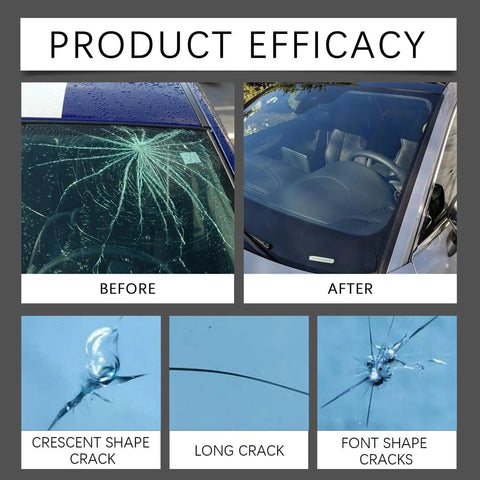 Windshield Crack Repair Kit Quick Fix For Chips And Cracks In Minutes With Invisible Finish showing before and after results