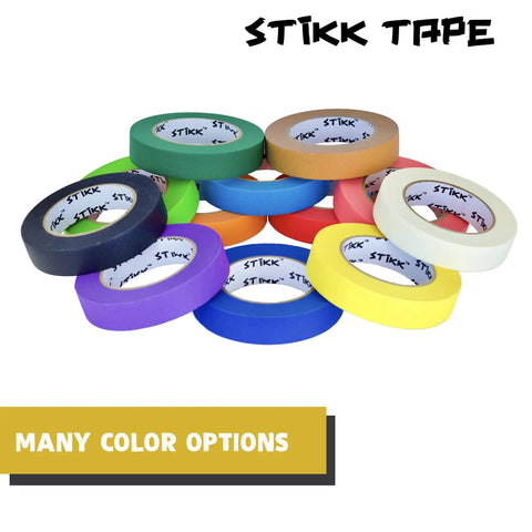 Assorted Stikk Tape rolls in various colors including yellow, ideal for painter tape for sharp lines and clean edges.
