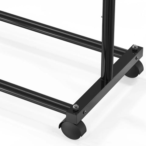 Heavy Duty Steel Clothing Rack With Extensible Top Rod And Chrome Accents In Slick Black Paint Built Solid For Dorm Life and Cramped Closets Easy Setup Rack To Hang All Your Threads Stress Free, base and wheels detail.