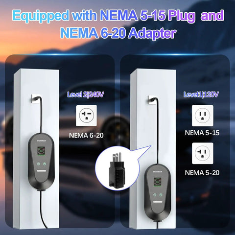 Portable Level 1 Plus Level 2 EV Charger with 1.8 Inch LCD Display, 110V 240V Input, J1772 Connector, NEMA plugs shown