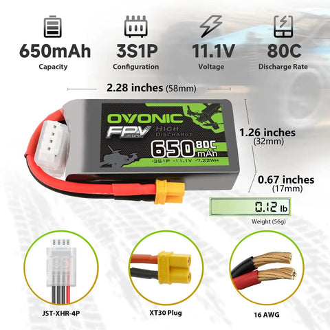 11.1V 650mAh 3S 80C LiPo Battery with XT30 Plug for RC cars, boats, trucks, helis, planes, quadcopters, drones; dimensions and features shown