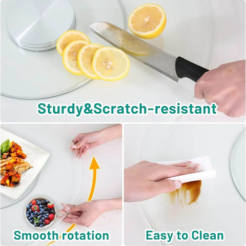 Heavy Duty Tempered Glass Lazy Susan Rotating Serving Plate With Hella Smooth Aluminum Bearing Swivel Base Built Damn Tough For Kitchen Countertops Banquet Tables And House Parties, lemon slices on serving plate.